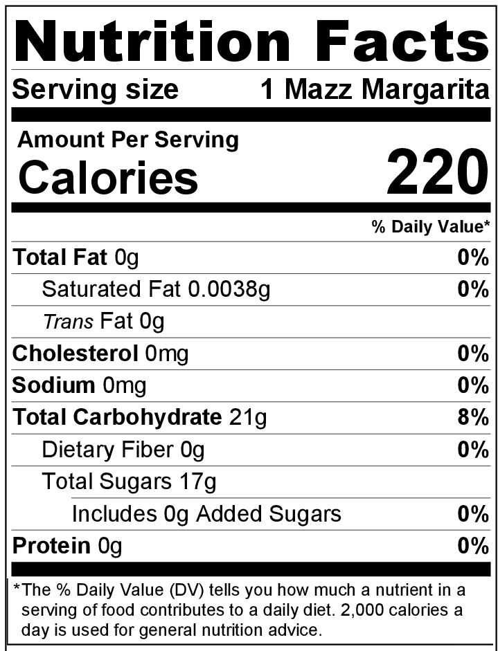 Mazz's margarita nutrition label